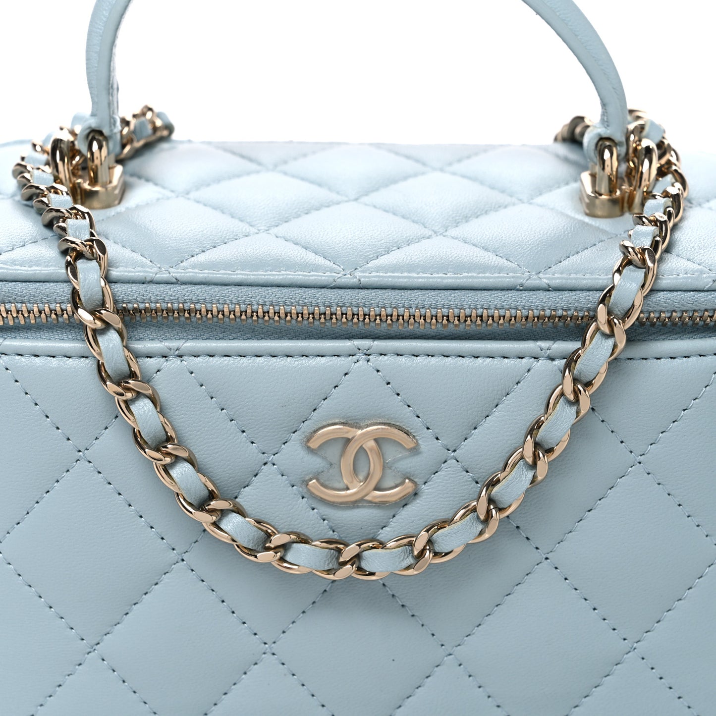 Lambskin Quilted Small Top Handle Vanity Case With Chain Light Blue