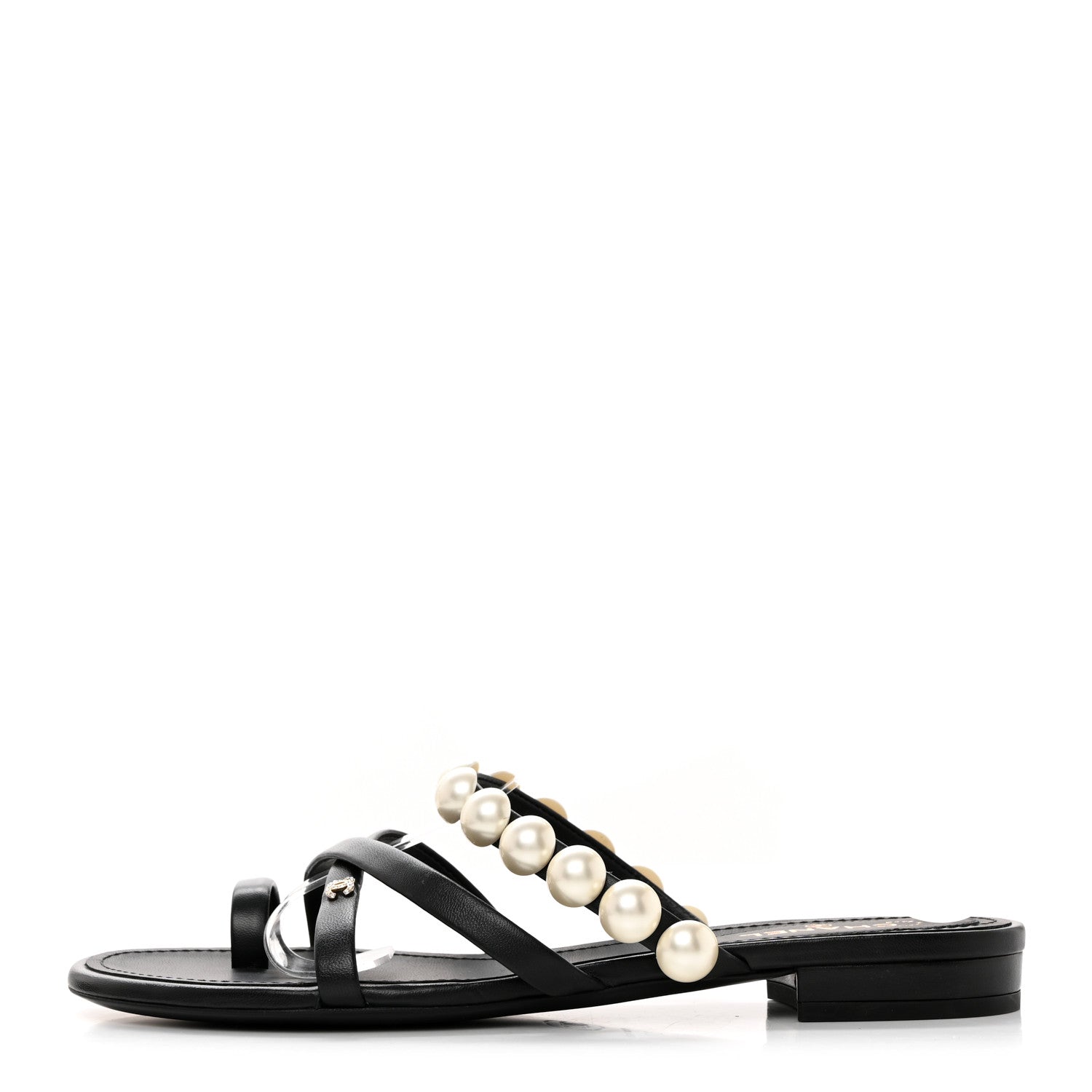 Chanel Lambskin Pearl Toe Ring Sandals 37 Black 1 of 8