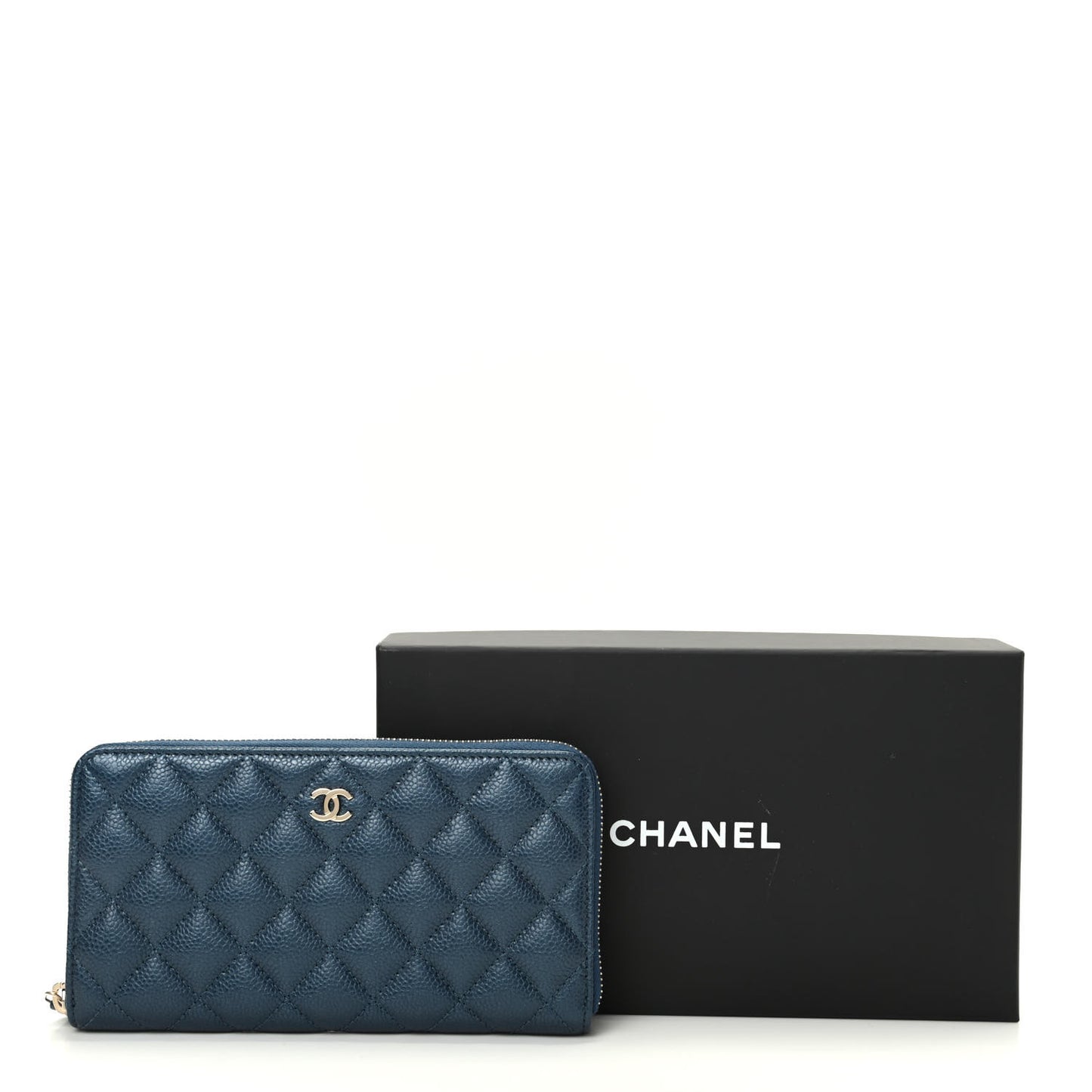 Metallic Caviar Quilted Large Gusset Zip Around Wallet Dark Blue