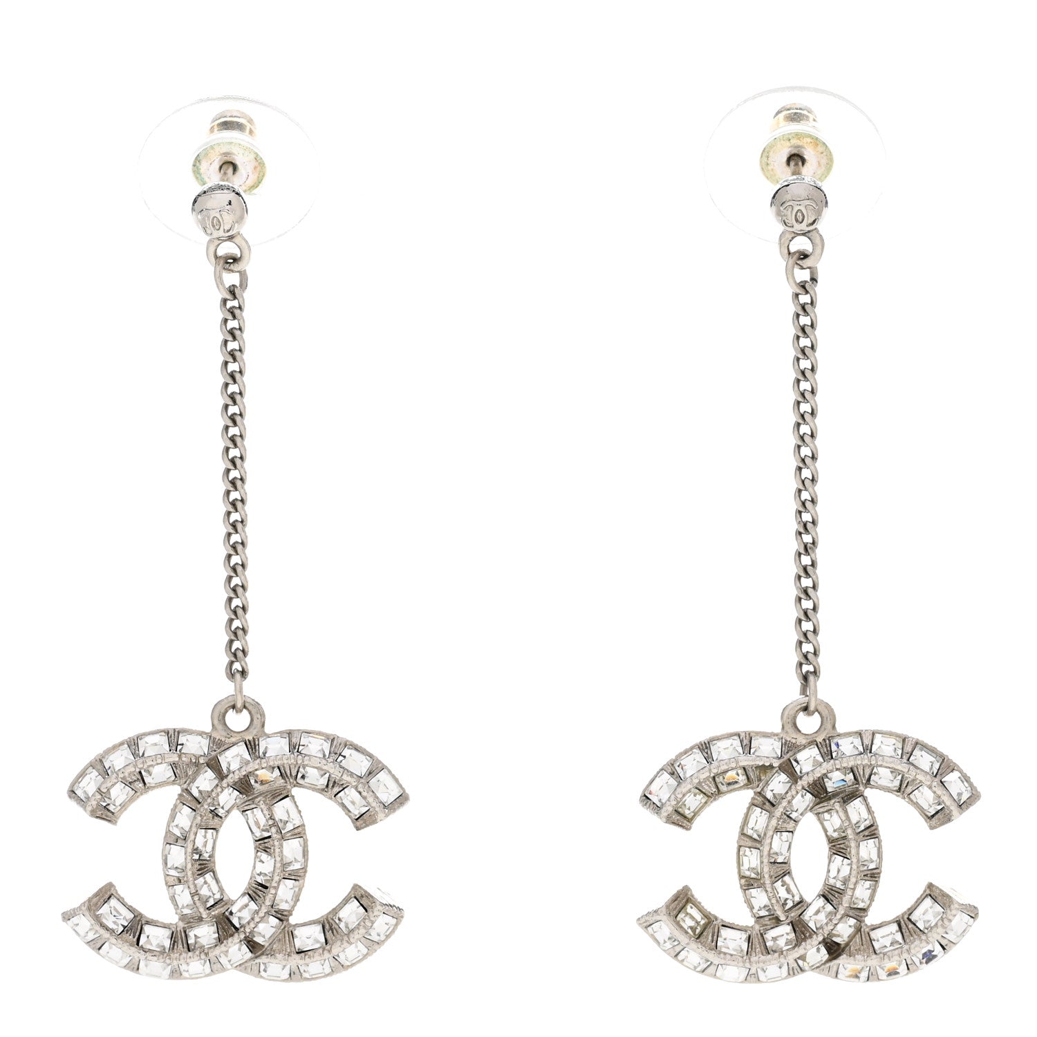 Chanel Baguette Crystal CC Drop Earrings Silver 1 of 5