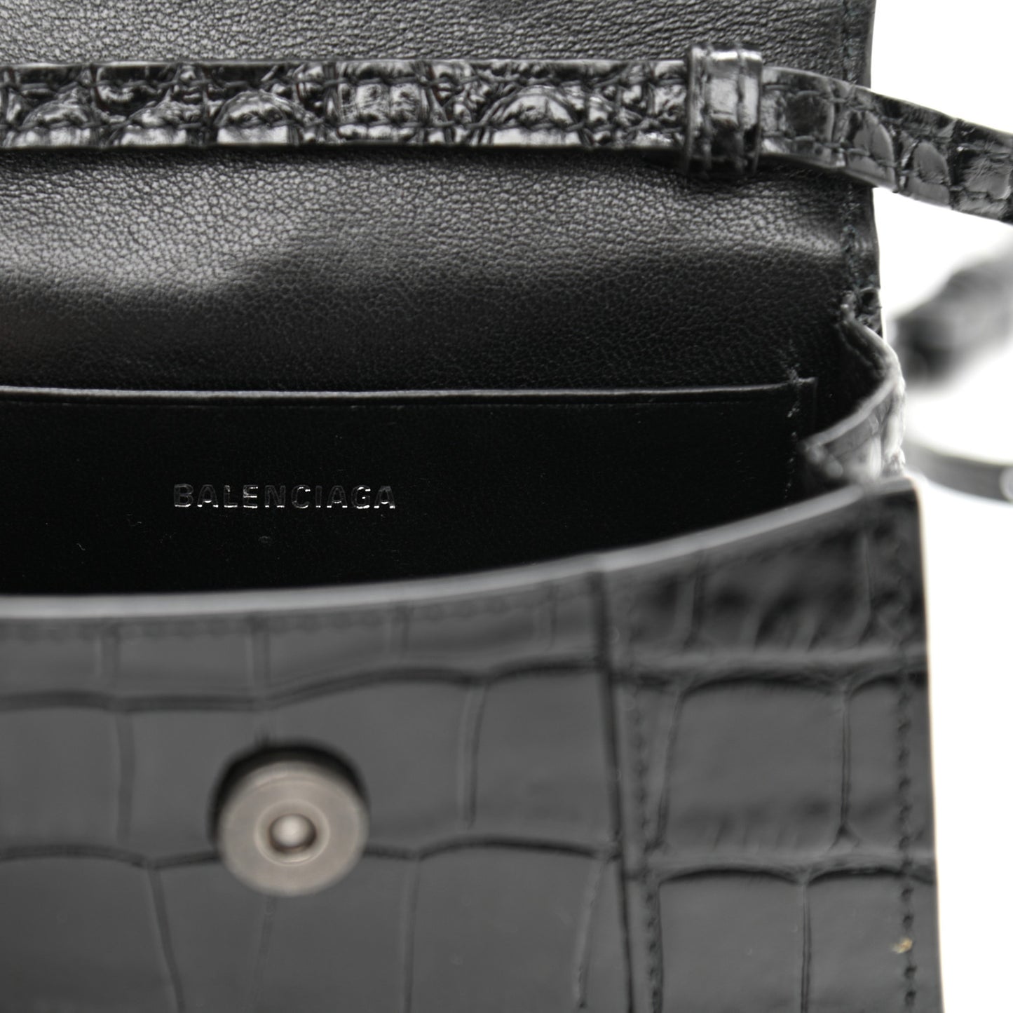 Shiny Calfskin Monochrome Crocodile Embossed Hourglass Top Handle Bag Mini Black