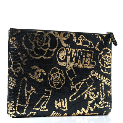 Chanel Calfskin Crocodile Embossed Graffiti 2.55 Medium Cocodile Reissue Cosmetic Case Black Gold 2 of 4