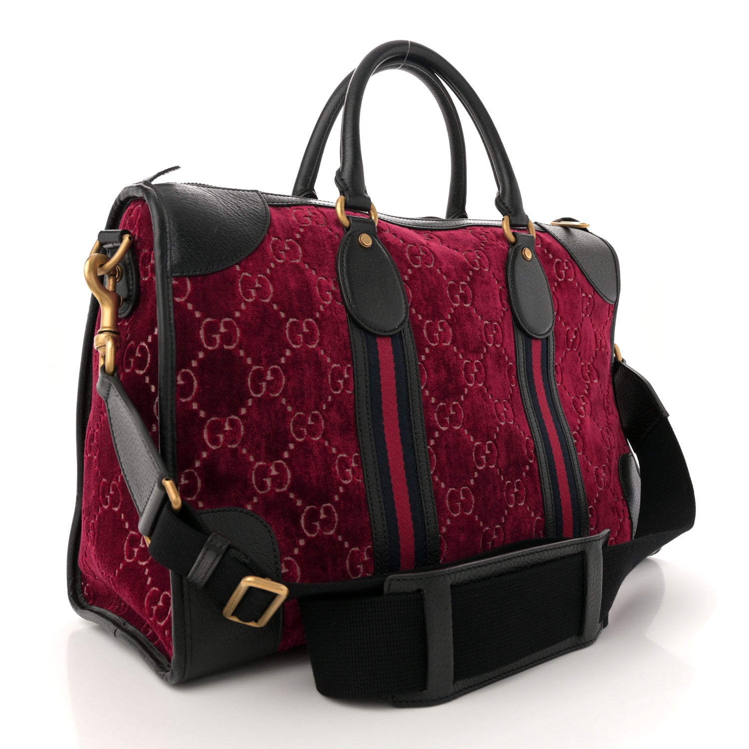 Gucci Velvet GG Monogram Textured Calfskin Web Medium Duffle Bag Red Cipria Black 3 of 12