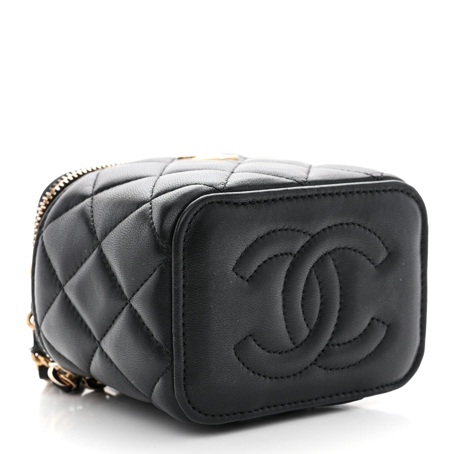 Lambskin Quilted Metal Mini Top Handle Vanity Case With Chain Black