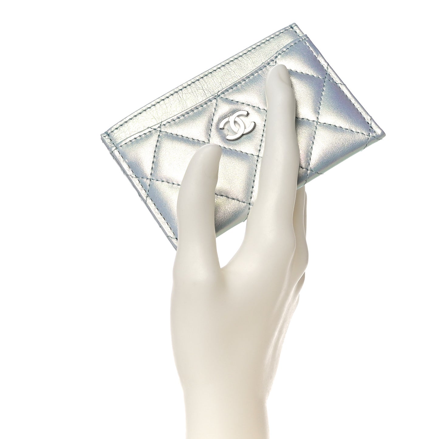 Iridescent Lambskin Quilted Card Holder Light Blue