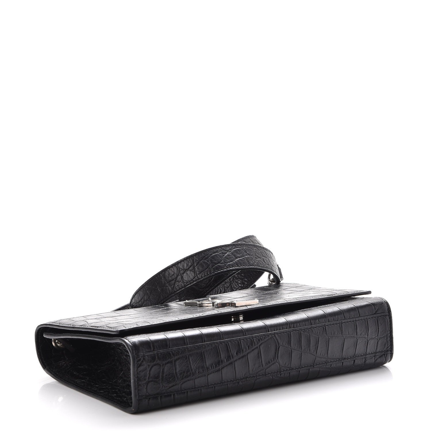 Saint Laurent Calfskin Crocodile Embossed Medium Classic Monogram Kate Double Handle Satchel Black 4 of 7