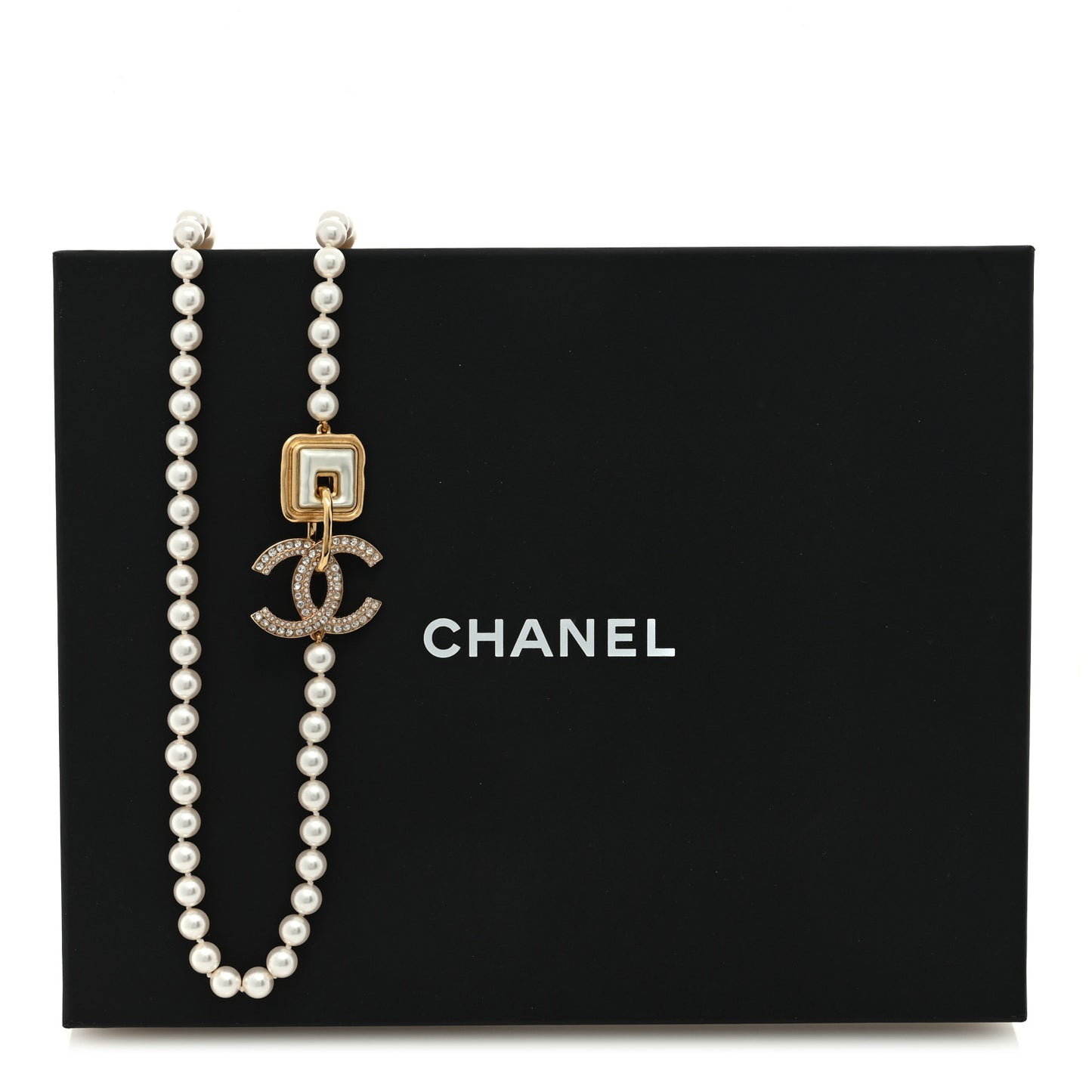 Pearl Crystal CC Square Long Necklace Gold Pearly White