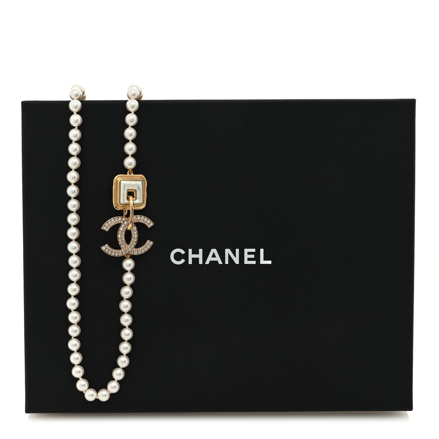 Chanel Pearl Crystal CC Square Long Necklace Gold Pearly White 5 of 5