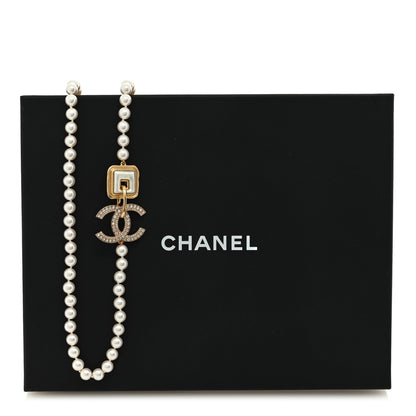 Chanel Pearl Crystal CC Square Long Necklace Gold Pearly White 5 of 5