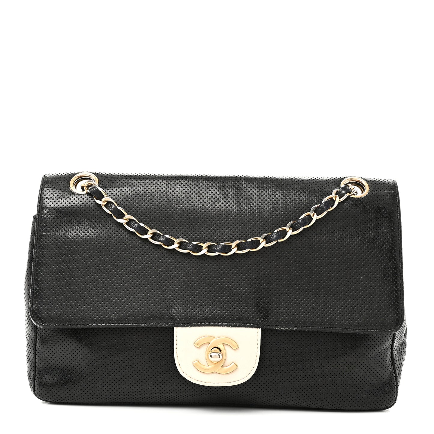Lambskin Perforated Medium Single Flap Bag Black White