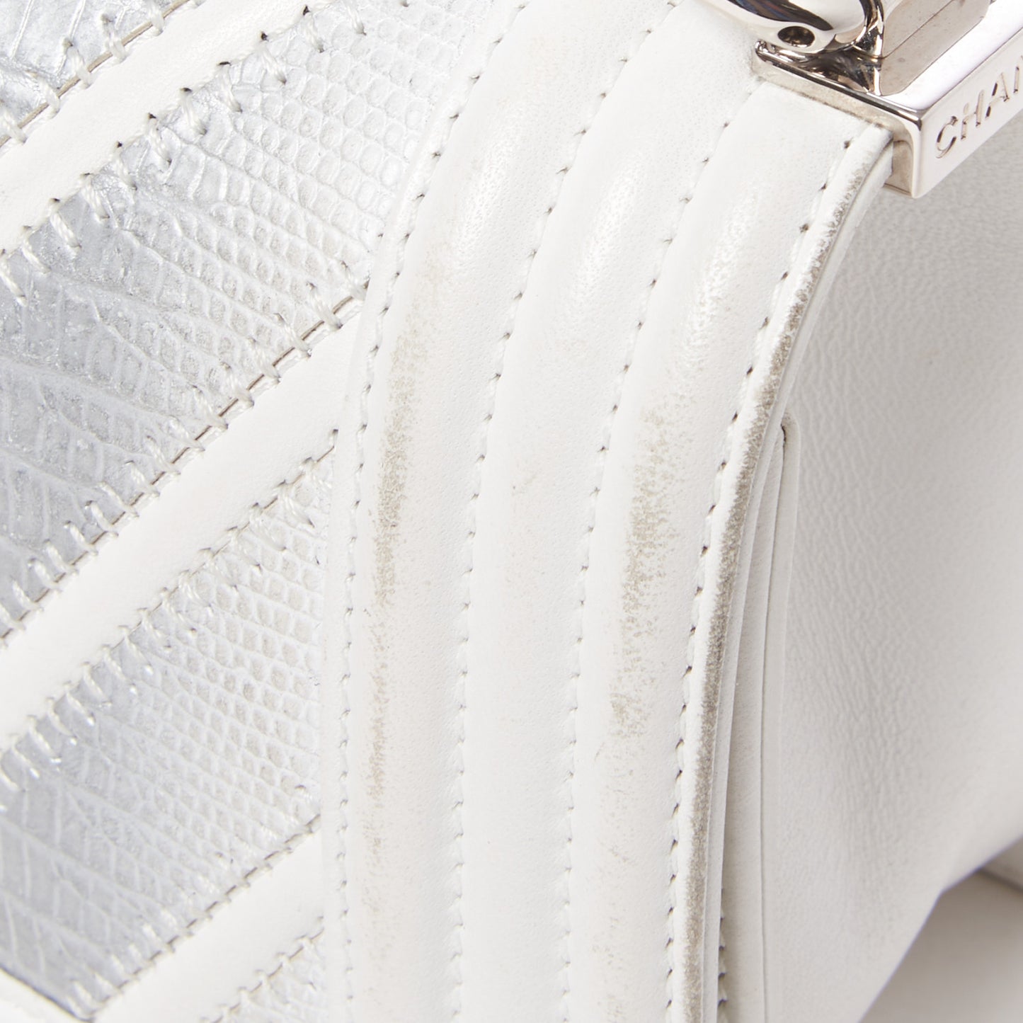 Lizard Chevron Stitched Small Boy Flap White Silver