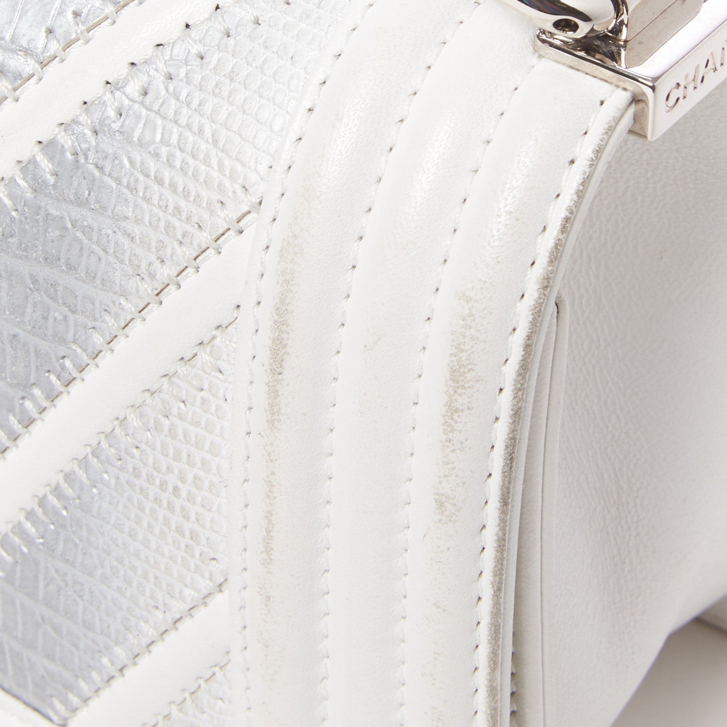 Chanel Lizard Chevron Stitched Small Boy Flap White Silver 10 of 11