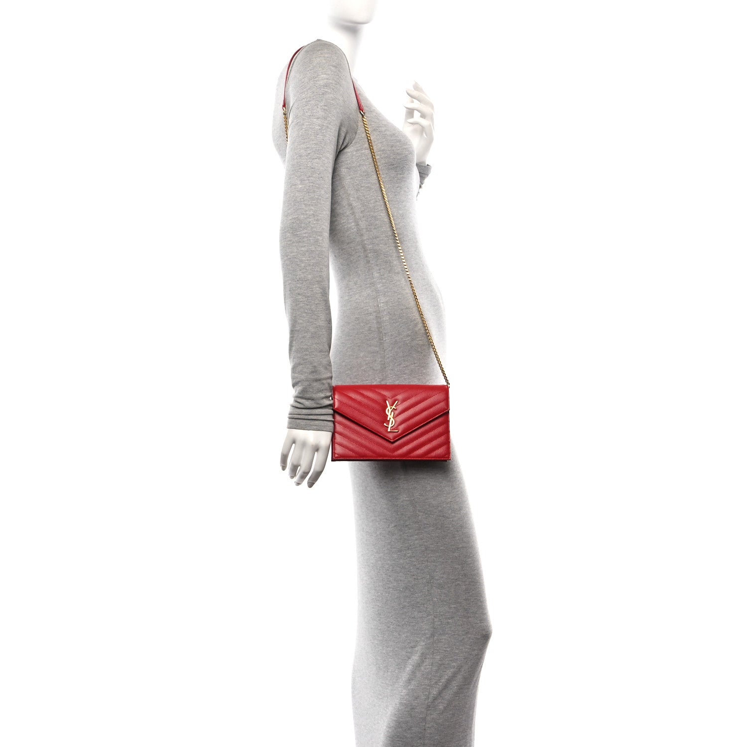 Saint Laurent Grain De Poudre Matelasse Chevron Monogram Envelope Chain Wallet New Red 2 of 10