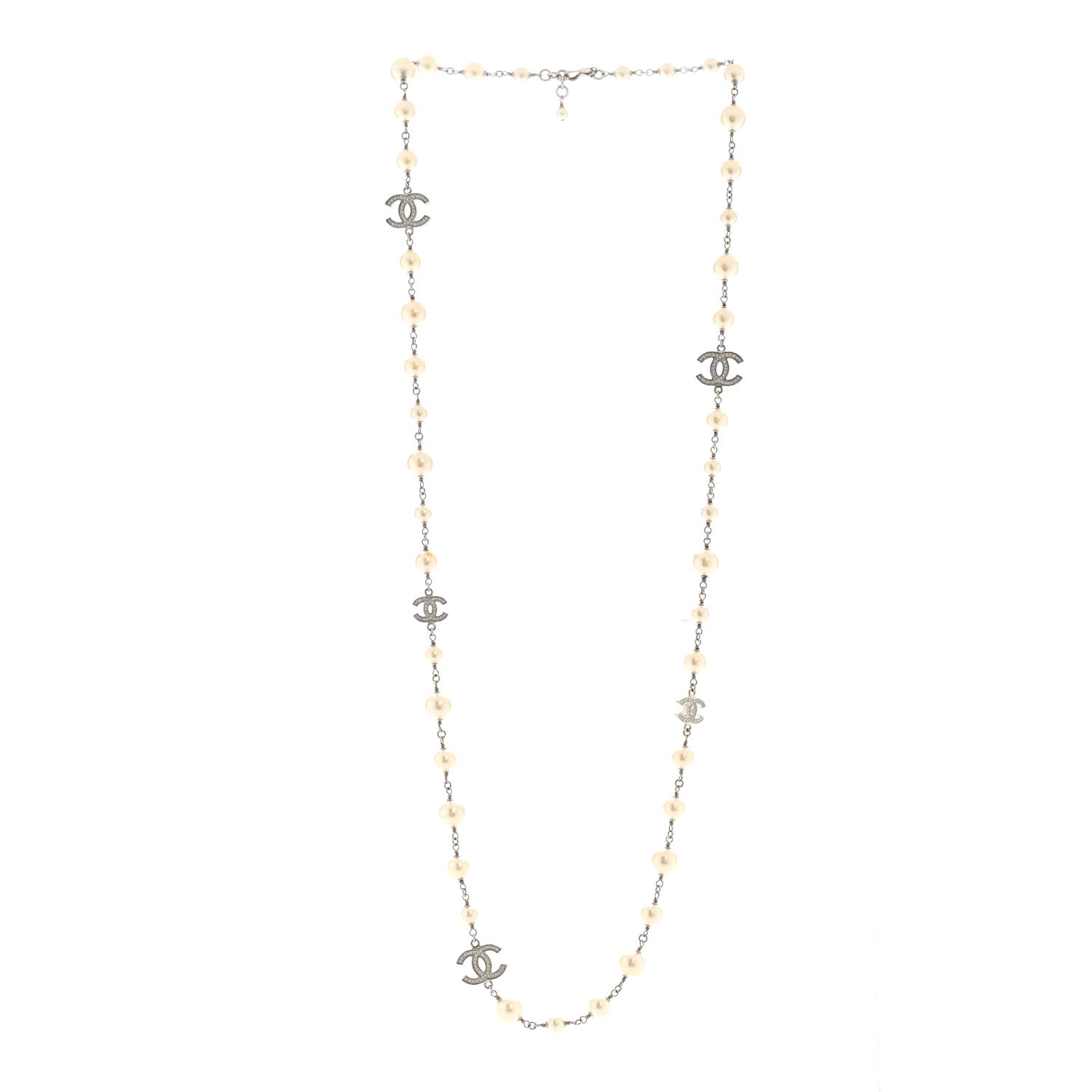 Chanel Graduated Pearl Crystal CC Long Necklace Silver 3 of 8