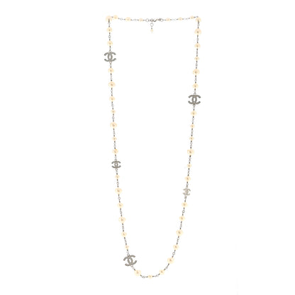 Chanel Graduated Pearl Crystal CC Long Necklace Silver 3 of 8