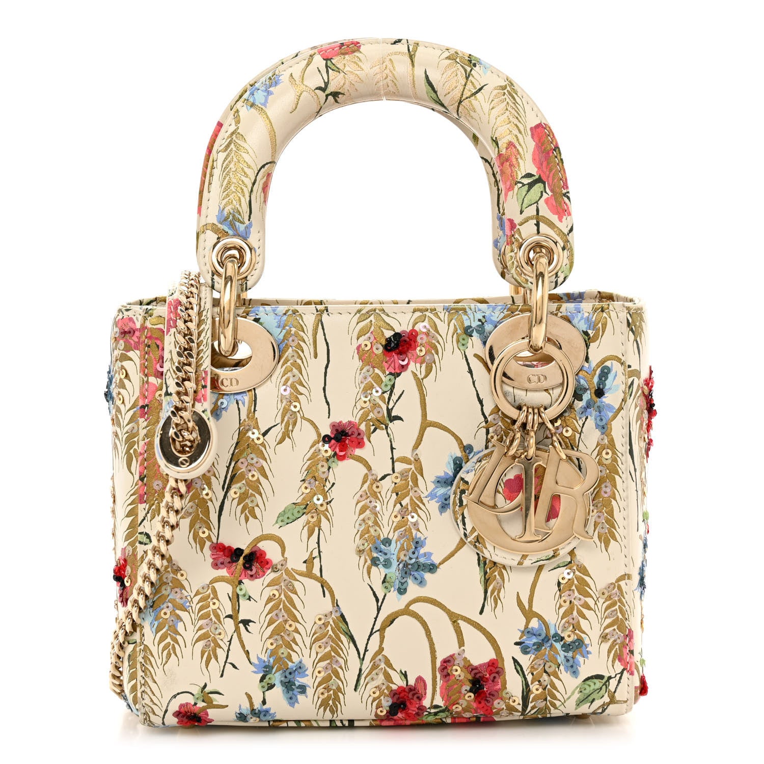 Christian Dior Calfskin Hibiscus Printed Embroidered Mini Lady Dior Beige Multicolor 1 of 9