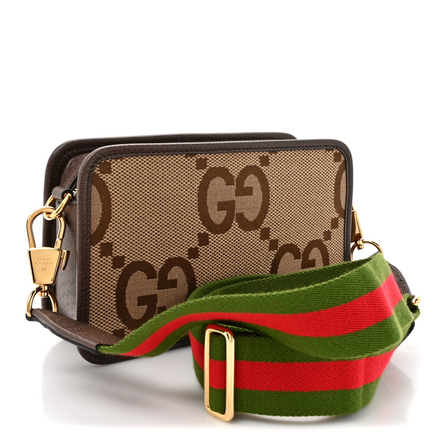 Gucci Monogram Jumbo GG Textured Dollar Calfskin Web Mini Crossbody Bag Camel Ebony New Acero 3 of 10