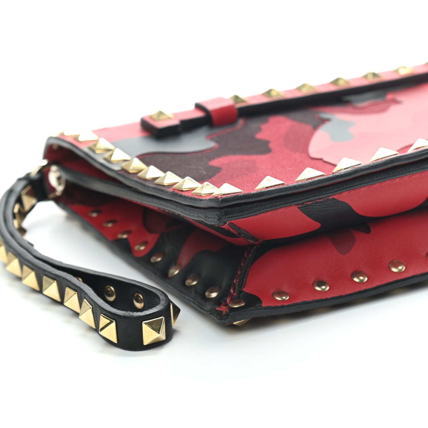 Valentino Garavani Nappa Canvas Camouflage Rockstud Wristlet Clutch Red Black 7 of 8