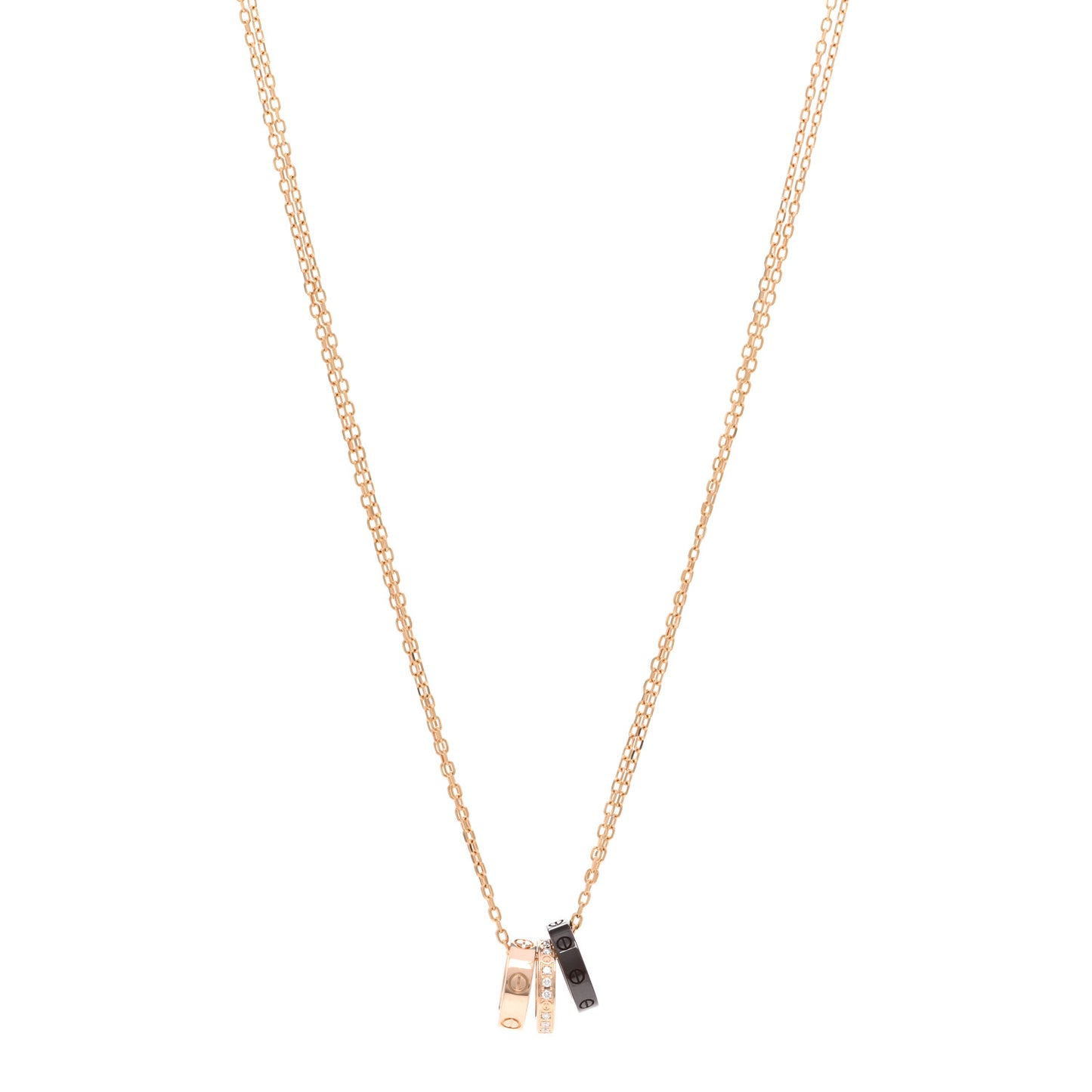 18K Pink Gold Ceramic Diamond Three Ring LOVE Pendant Necklace