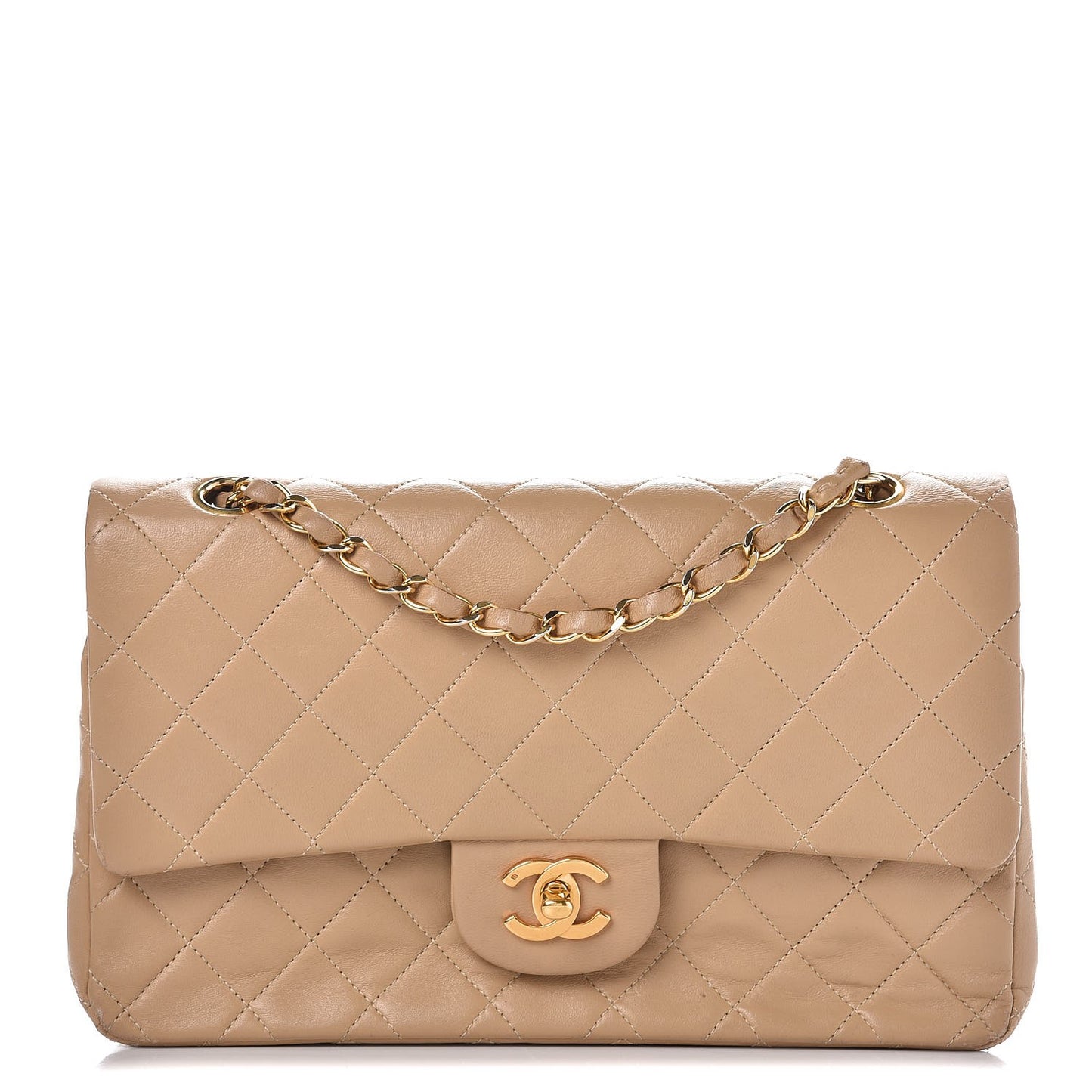 Lambskin Quilted Medium Double Flap Beige