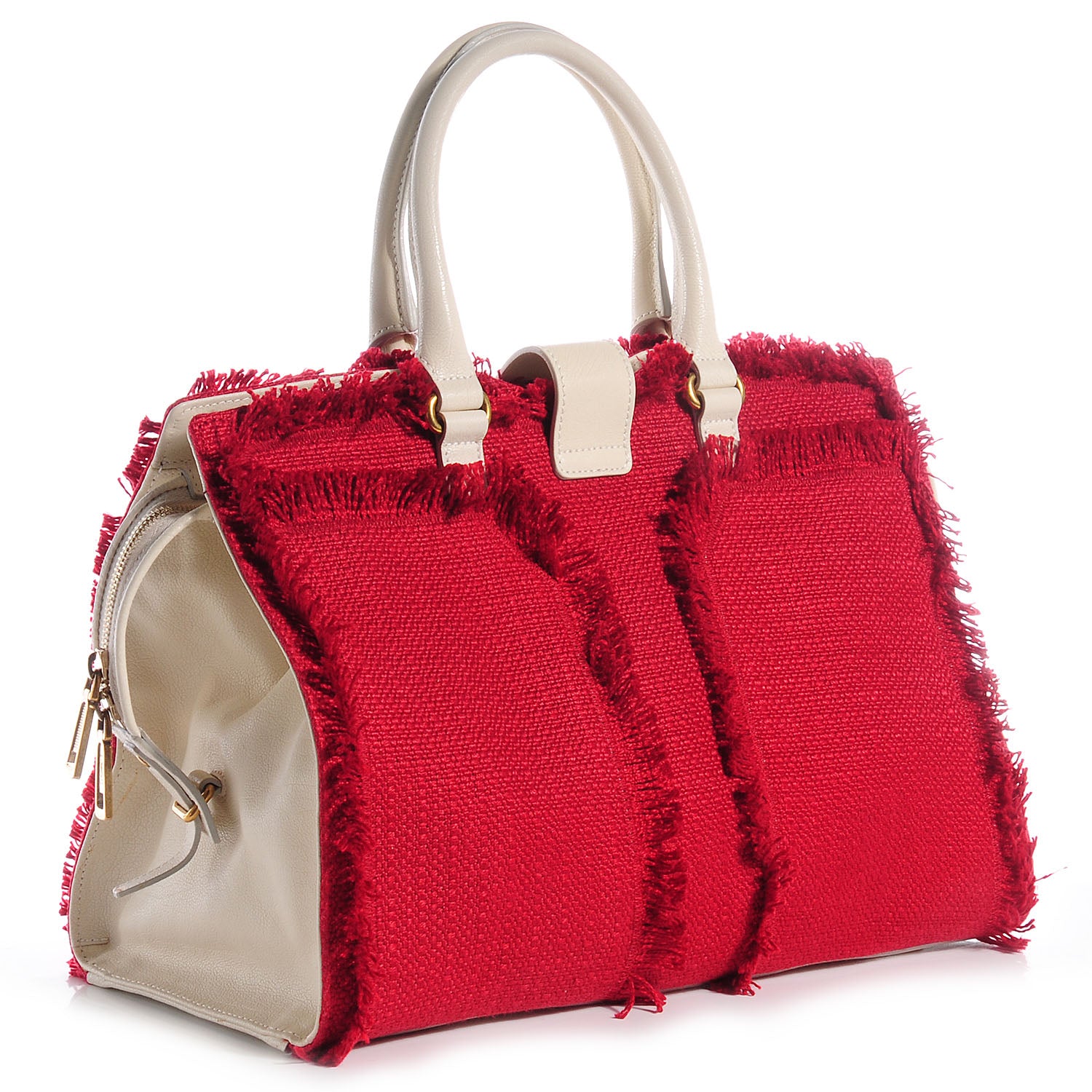 Saint Laurent Leather Linen Fringe Medium Cabas ChYc Red 3 of 9