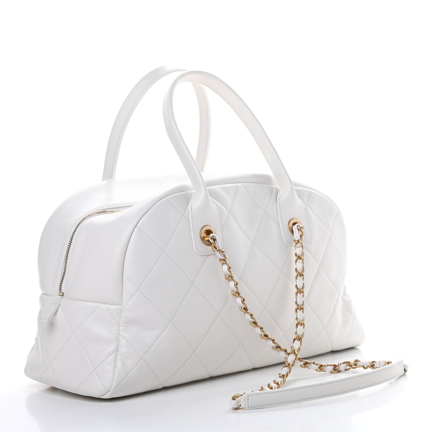 Calfskin Quilted CC Top Handle Bowling Bag White