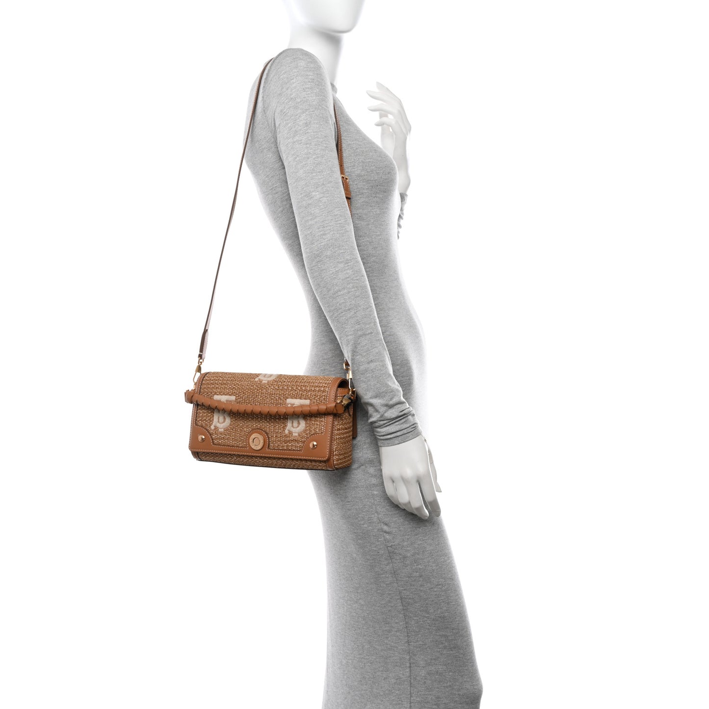 Raffia Calfskin TB Note Crossbody Bag Natural