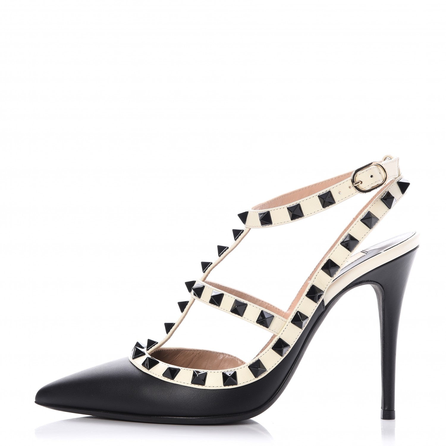 Valentino Garavani Calfskin Rockstud Ankle Strap Pumps 36 Black Ivory 1 of 11