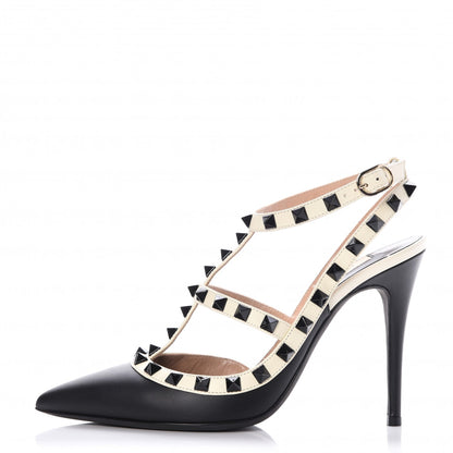 Valentino Garavani Calfskin Rockstud Ankle Strap Pumps 36 Black Ivory 1 of 11