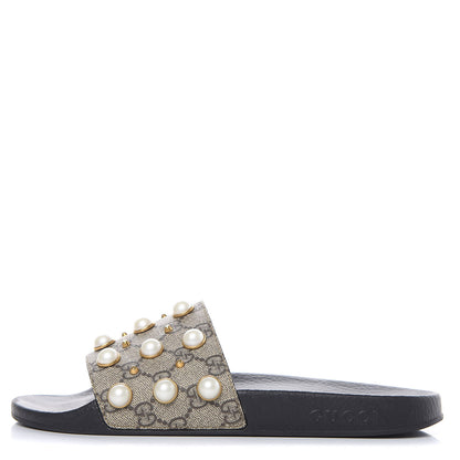Gucci GG Supreme Monogram Pearls Womens Slide Sandals 40 Beige 1 of 8