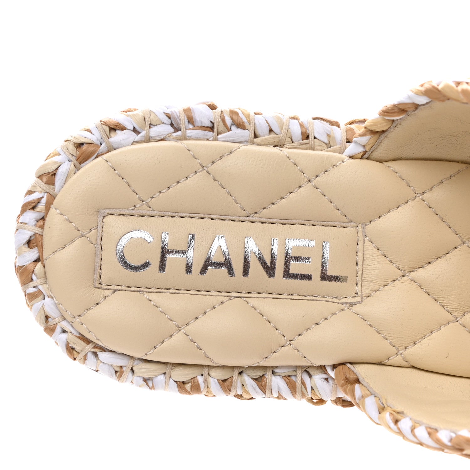 Chanel Raffia Lambskin Woven Chain CC Toe Ring Sandals 38 Beige White 7 of 9