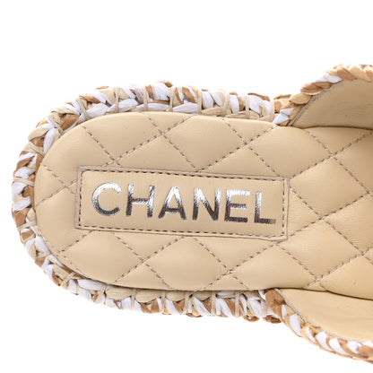 Chanel Raffia Lambskin Woven Chain CC Toe Ring Sandals 38 Beige White 7 of 9