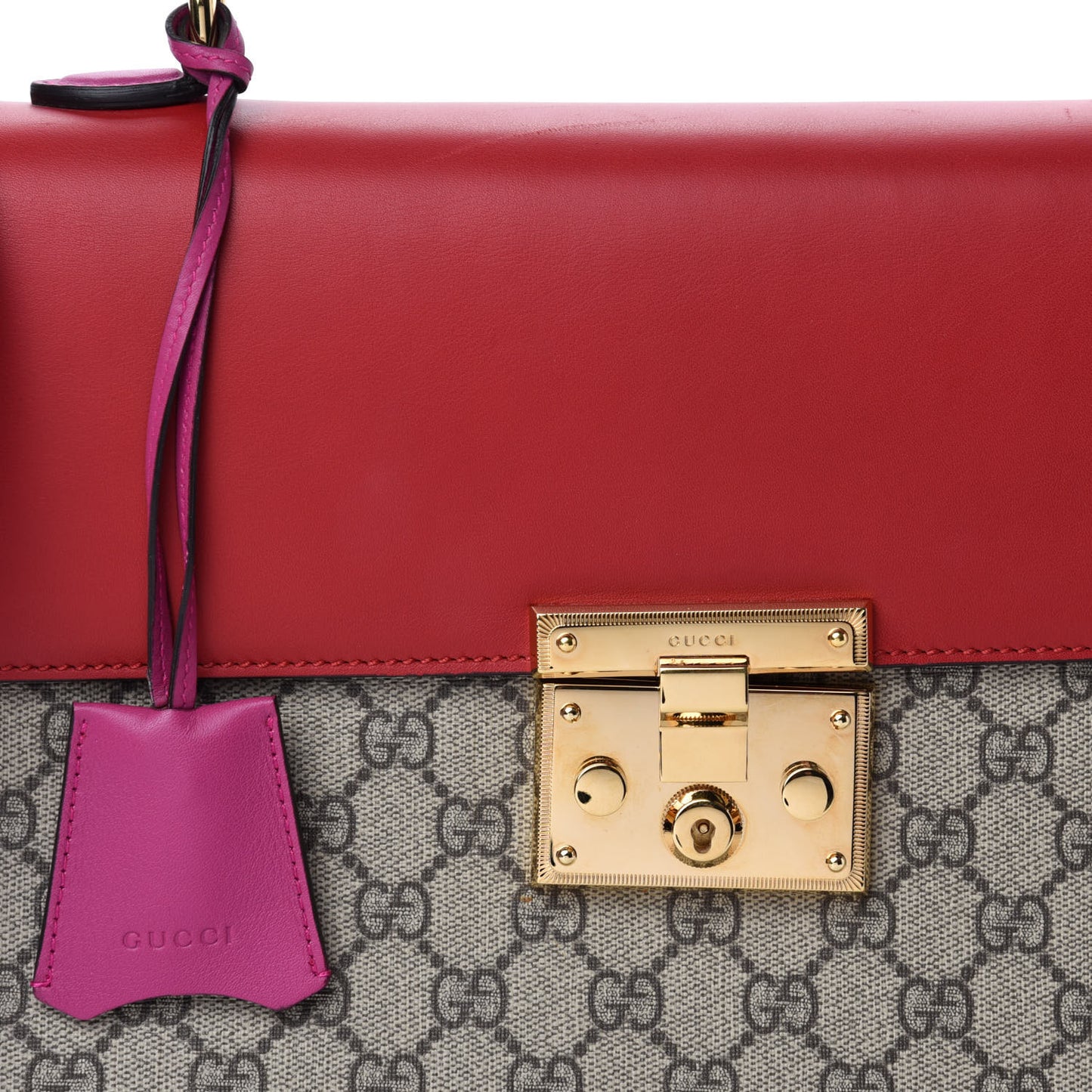 GG Supreme Monogram Calfskin Medium Padlock Top Handle Bag Beige Hibiscus Red New Rosette