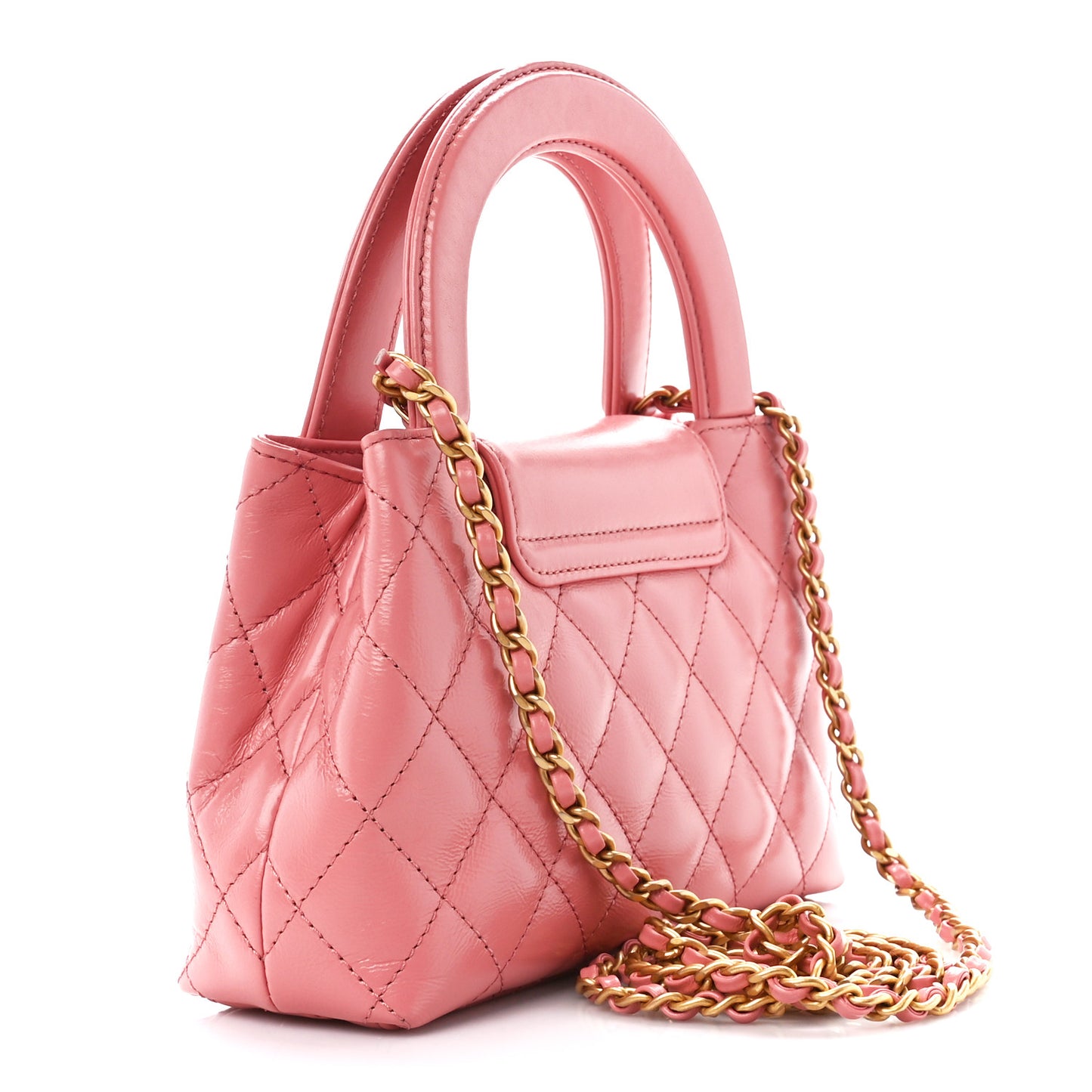Shiny Aged Calfskin Quilted Nano Kelly Shopper Coral Pink
