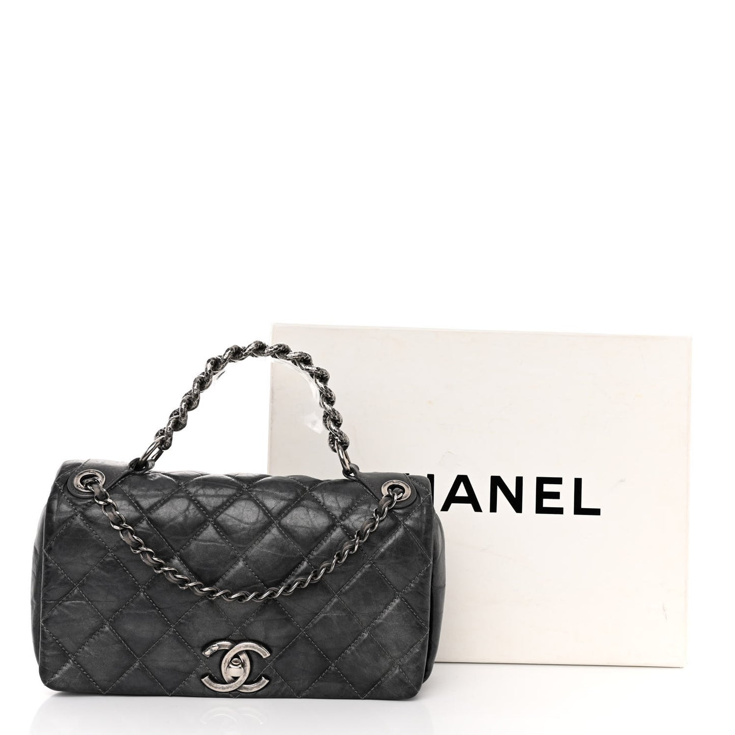 Aged Calfskin Quilted Small Pondichery Flap Dark Grey