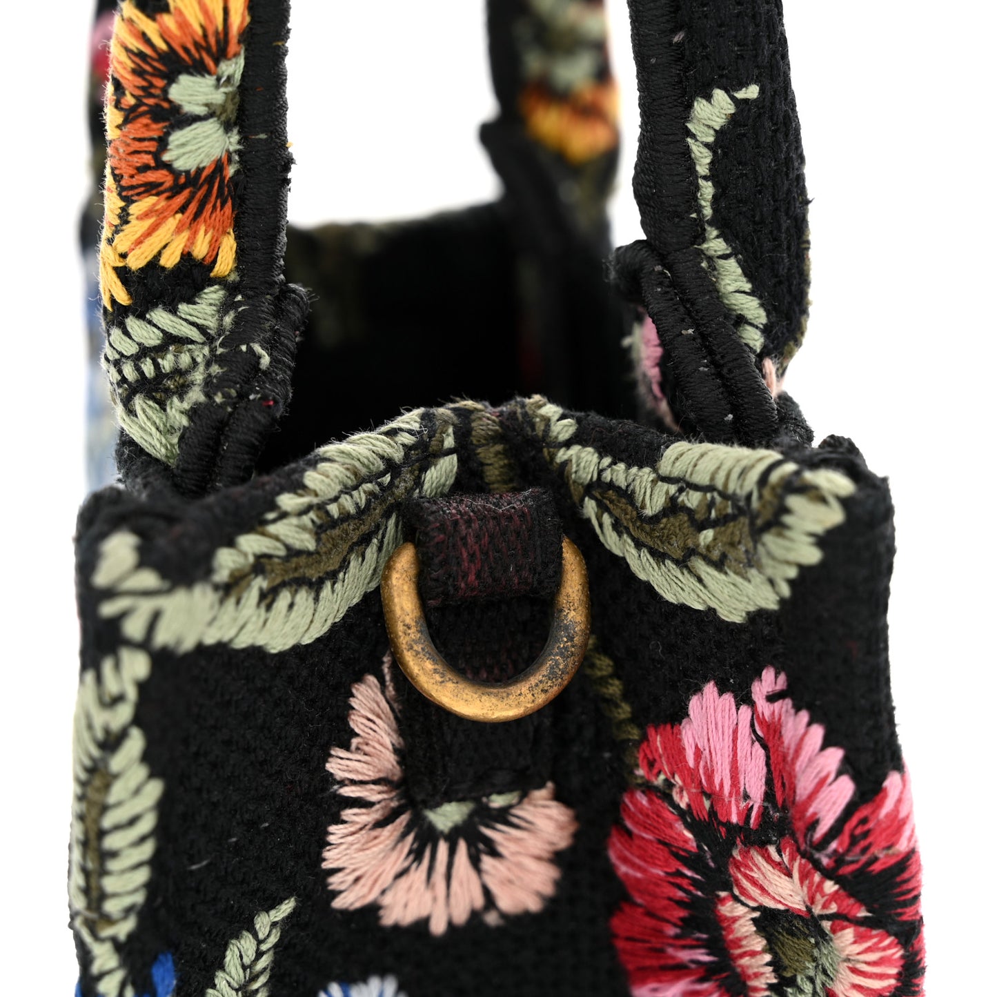 Raffia Embroidered Petites Fleurs Mini Book Tote Phone Bag Navy Blue Multicolor