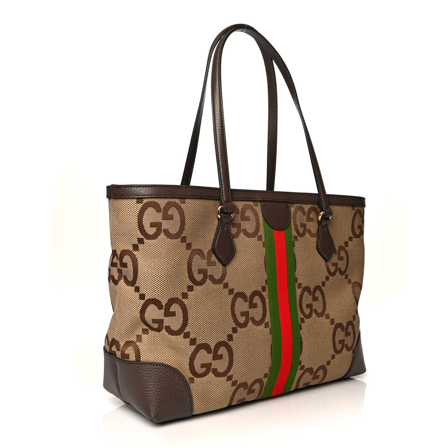 Monogram Jumbo GG Textured Dollar Calfskin Web Medium Ophidia Shopping Tote Camel Ebony