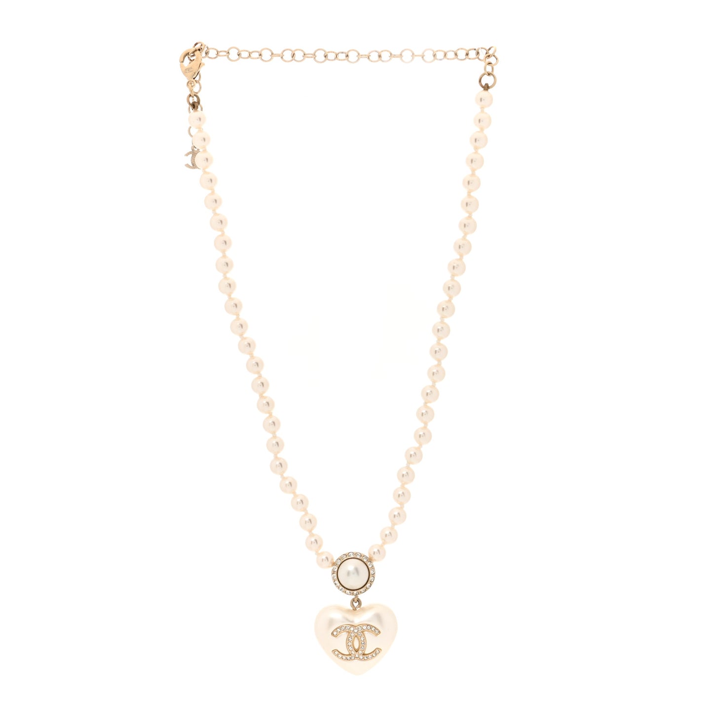 Pearl Crystal CC Heart Short Necklace Gold Pearly White