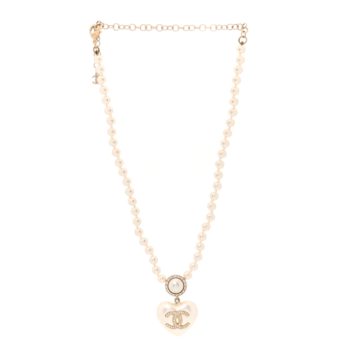Chanel Pearl Crystal CC Heart Short Necklace Gold Pearly White 3 of 5
