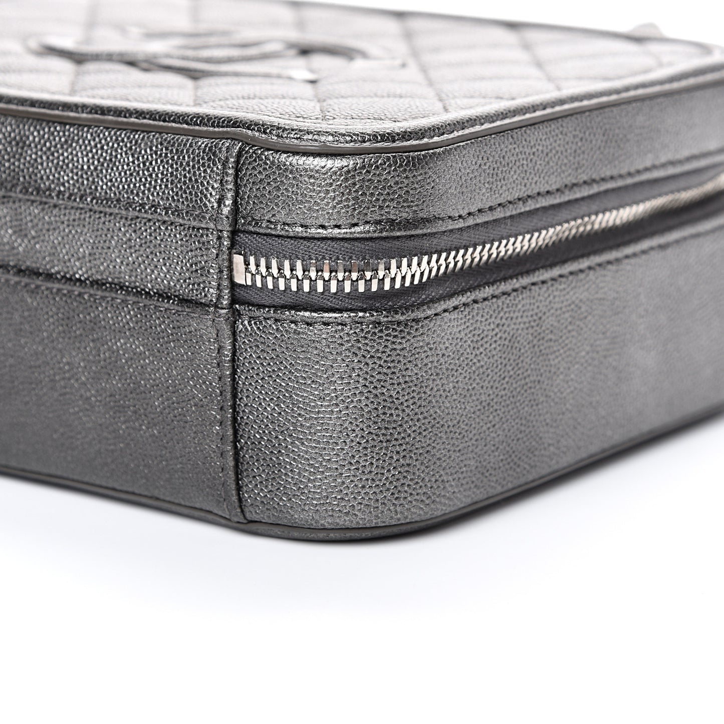 Metallic Caviar Quilted Medium CC Filigree Vanity Case Dark Silver