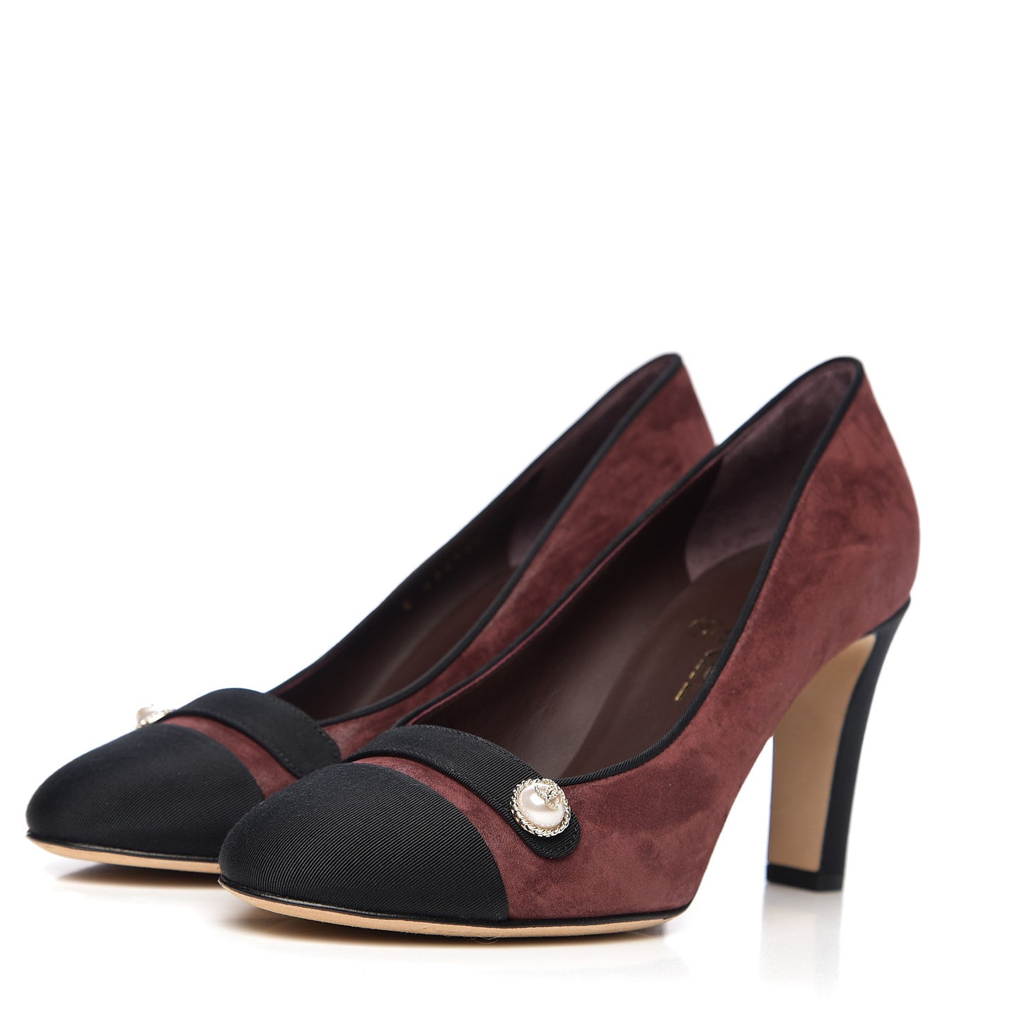 Glitter Calfskin Grosgrain Cap Toe Pearl Pumps 38.5 Burgundy Black
