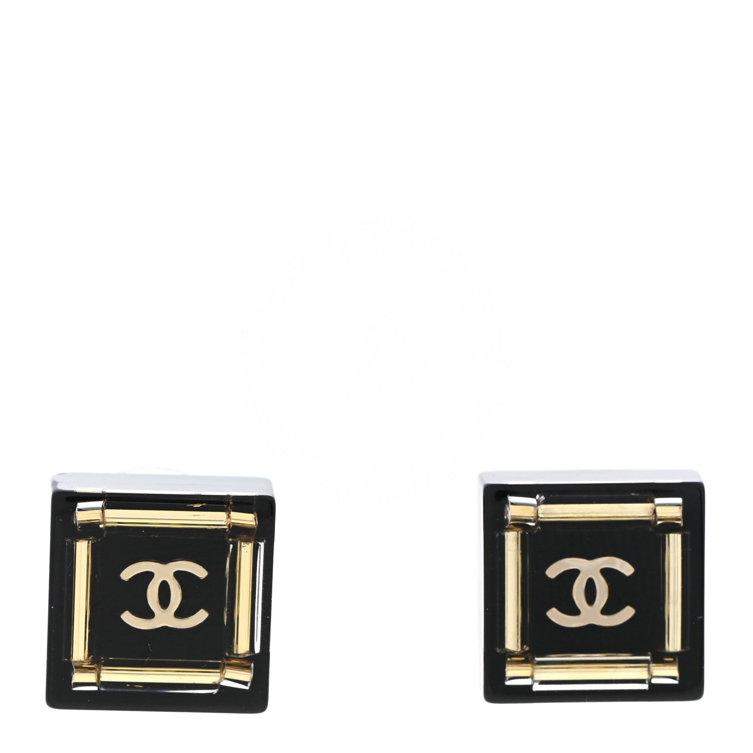 Chanel Resin Square CC Earrings Black Gold 1 of 4