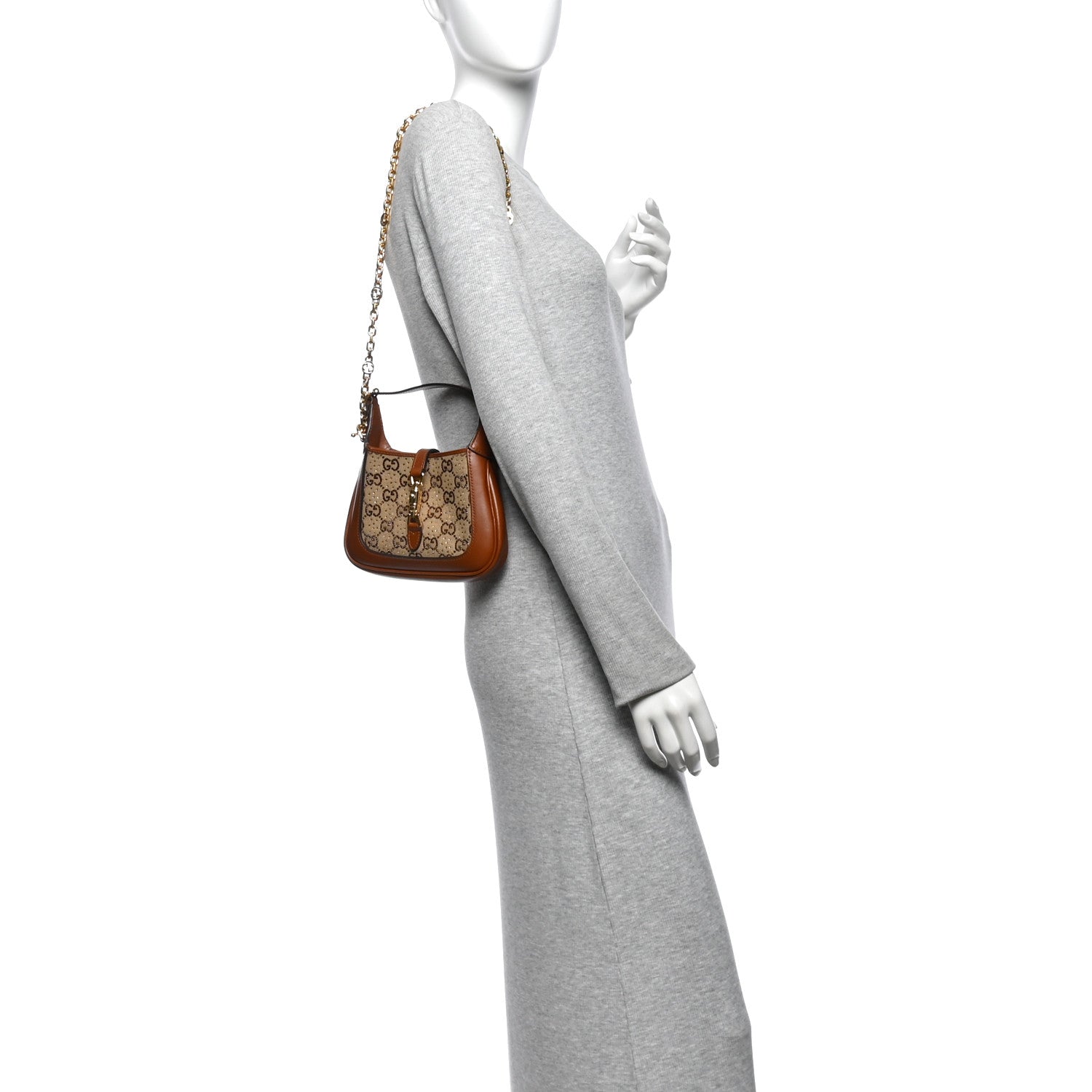 Gucci New Canvas Charisma Calfskin Crystal GG Monogram Mini Jackie 1961 Hobo Camel Ebony 2 of 10