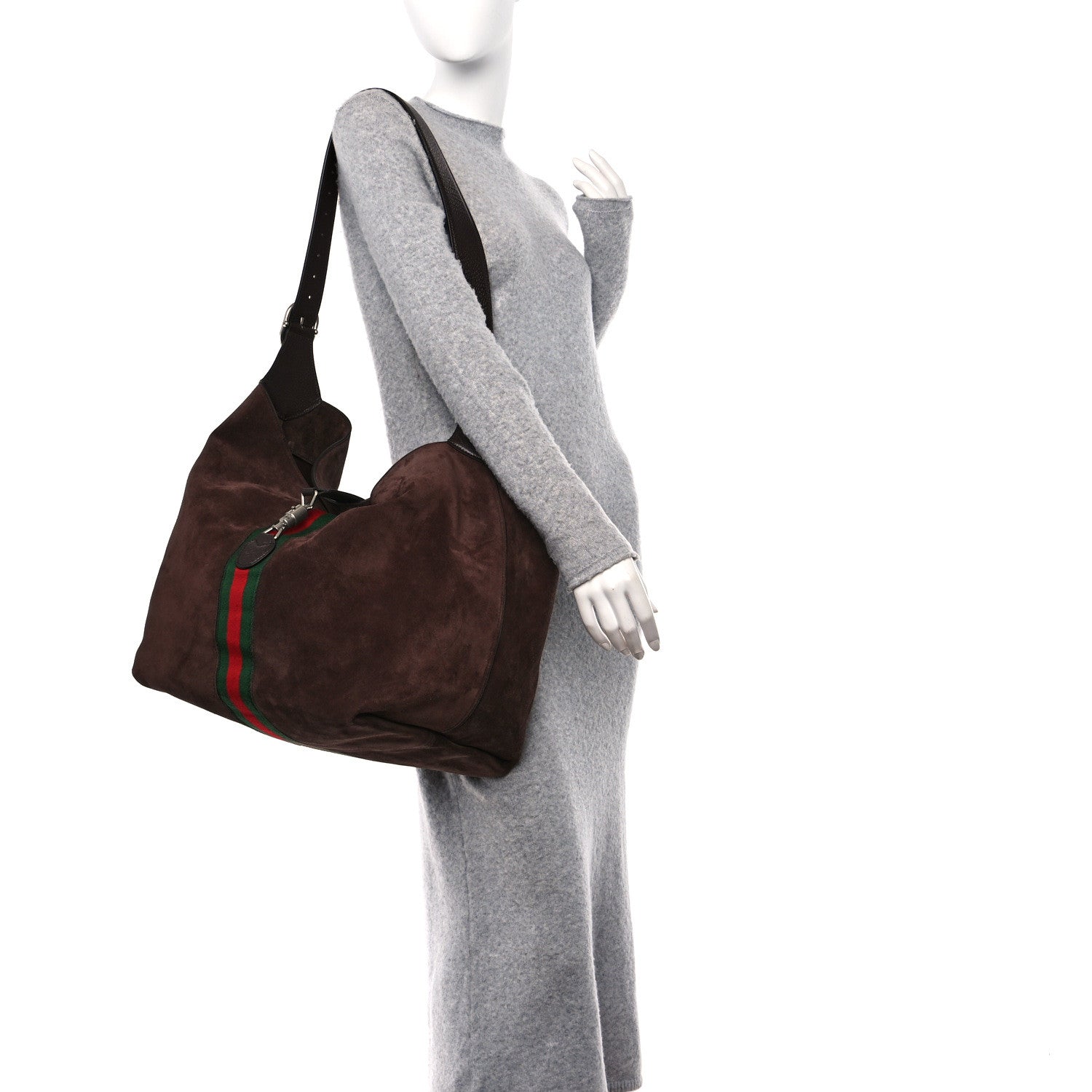 Gucci Suede Textured Dollar Calfskin Web Medium Jackie 1961 Crossbody Bag Brown 2 of 13