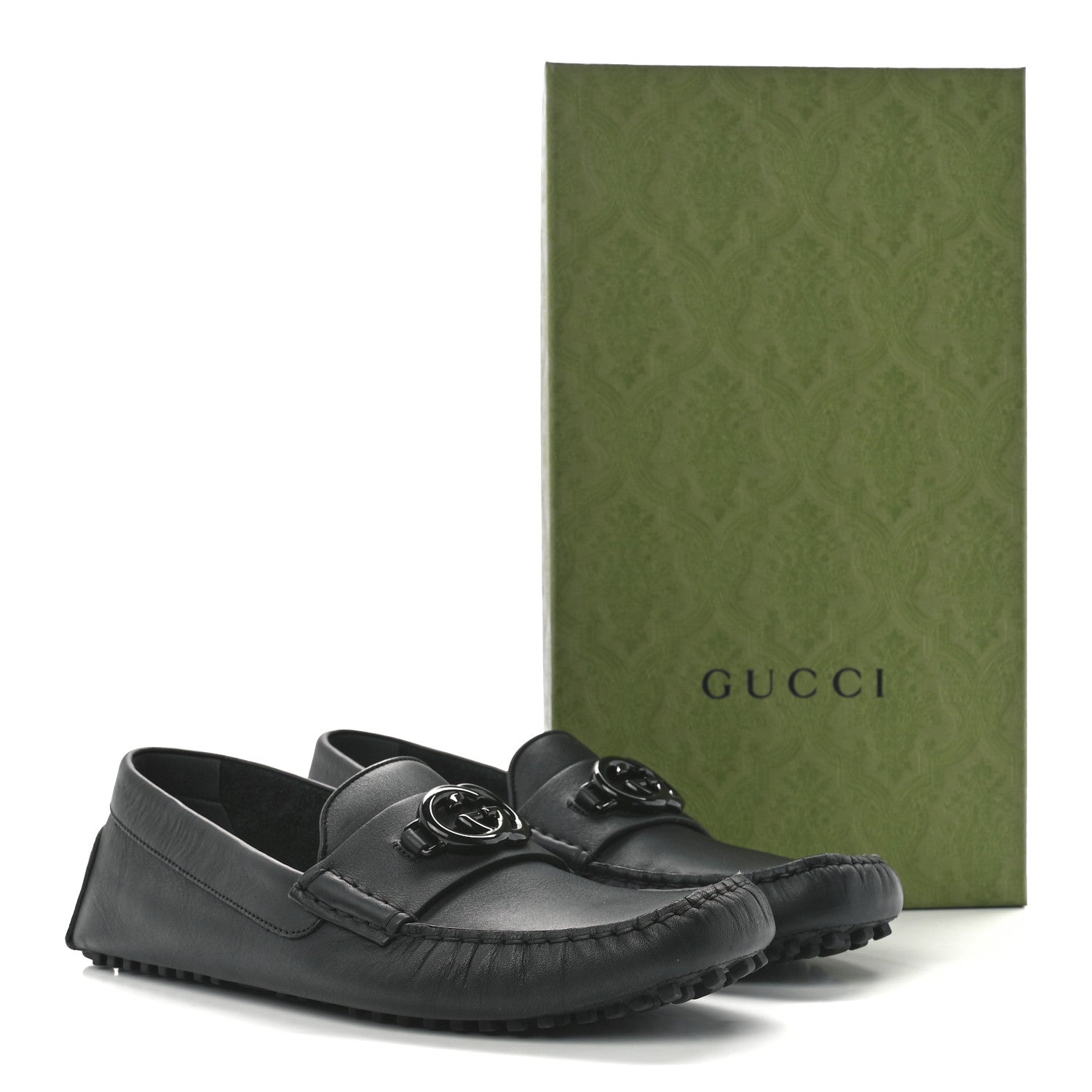 Gucci Soft Clove Calfskin Monochrome Mens Interlocking G Driver Loafers 10.5 Black 9 of 9