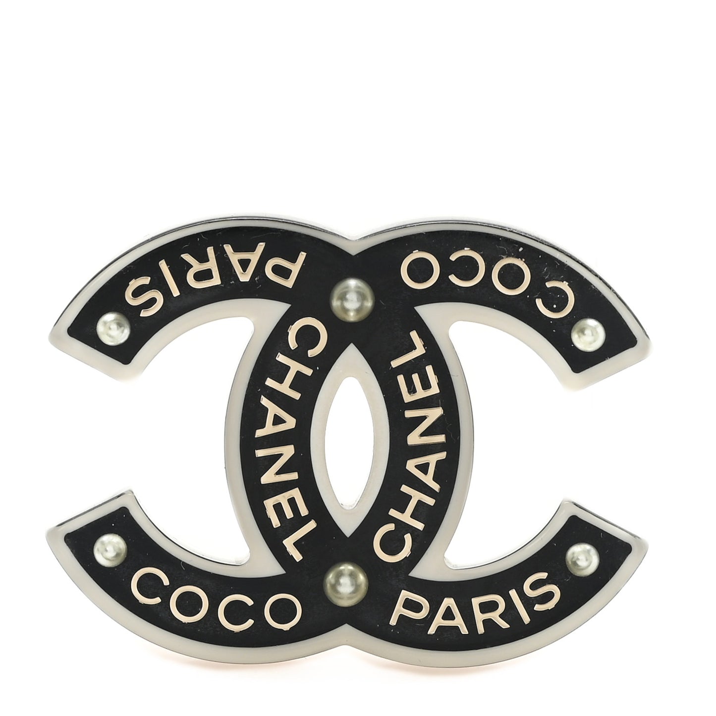 Resin Pearl Chanel Paris Logo CC Brooch  Black White Gold