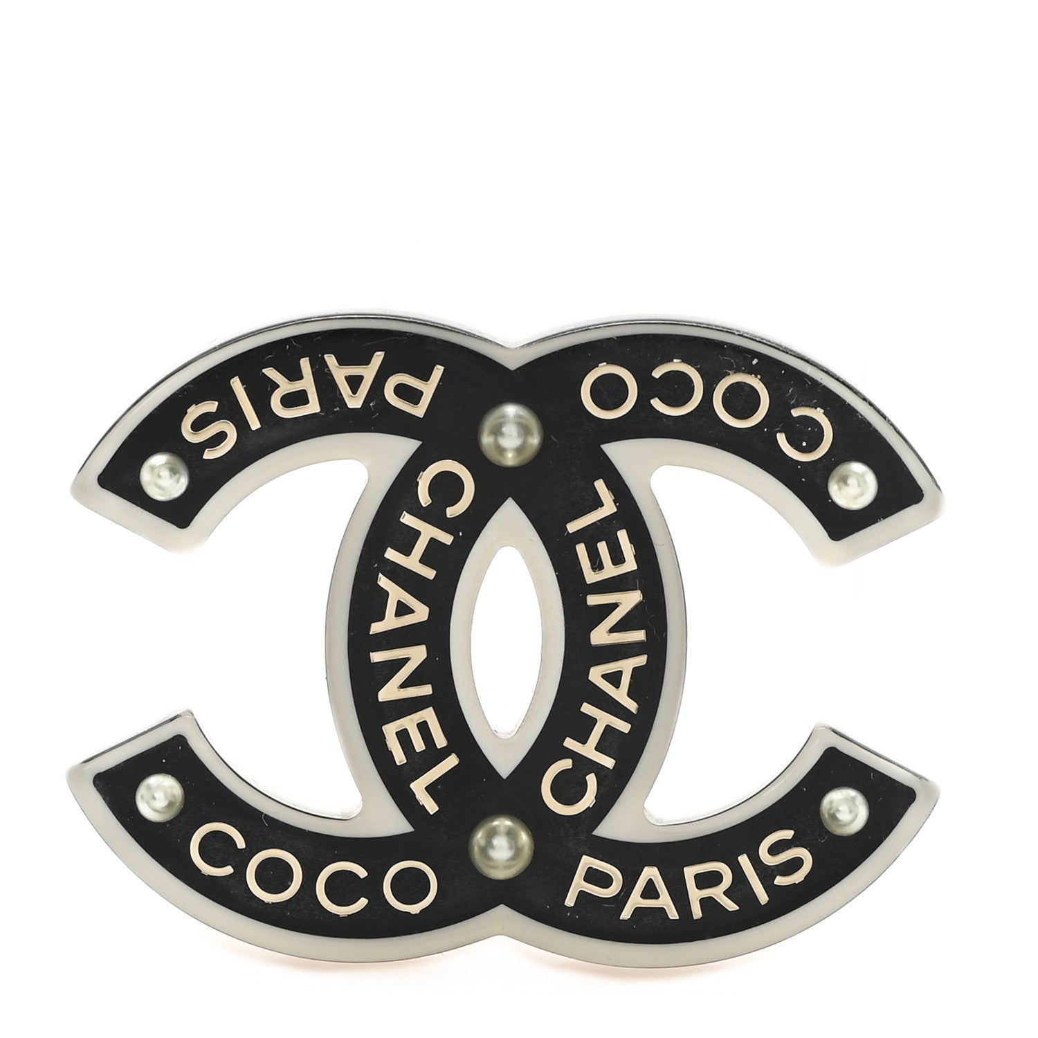 Chanel Resin Pearl Chanel Paris Logo CC Brooch  Black White Gold 1 of 3