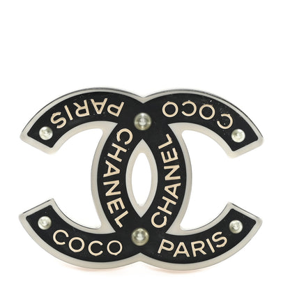 Chanel Resin Pearl Chanel Paris Logo CC Brooch  Black White Gold 1 of 3