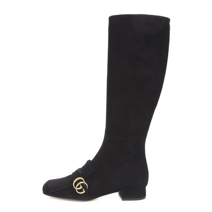 Gucci Kid Scamosciato Marmont Fringe Knee Boots 38.5 Black 1 of 7