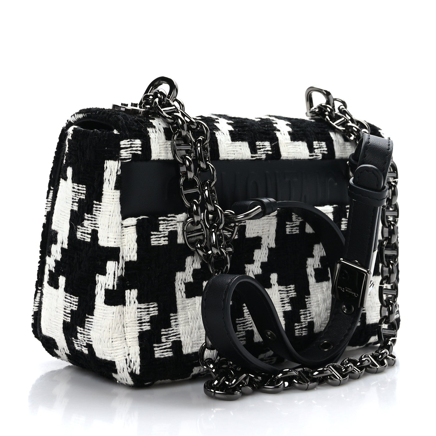 Christian Dior Tweed Macro Houndstooth Small Caro Bag Black White 3 of 9